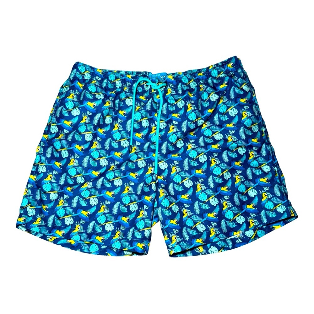 BEACH BROS. Blue Tropical Parrot Print Swim Shorts w Side & 1 Back Pockets XXL